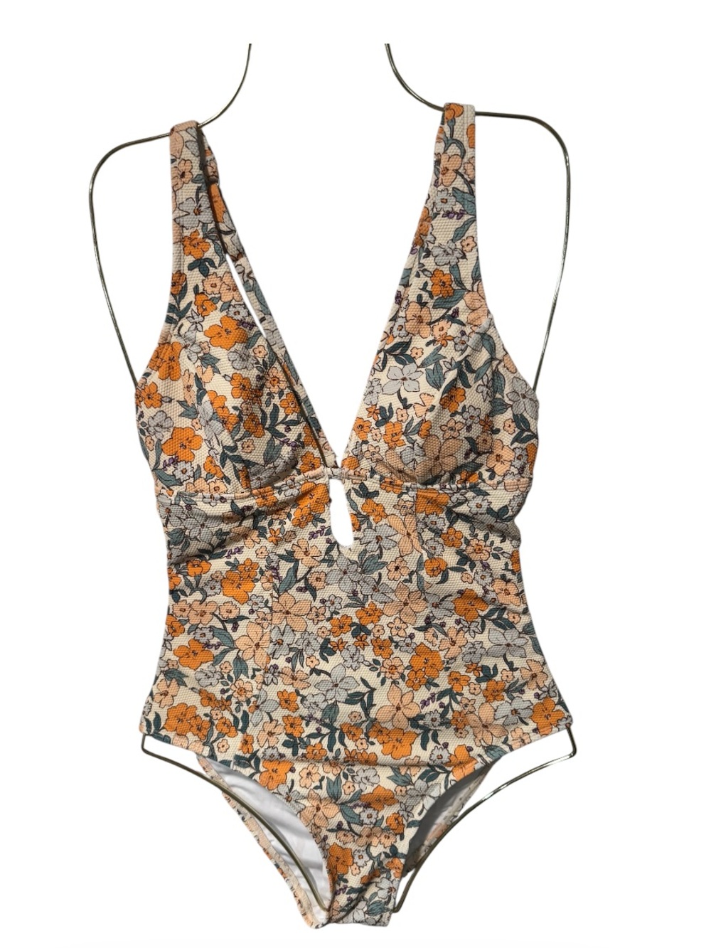 CUPSHE Women's orange floral Deep V Neck Keyhole Cutout O Ring Textured swimsuit